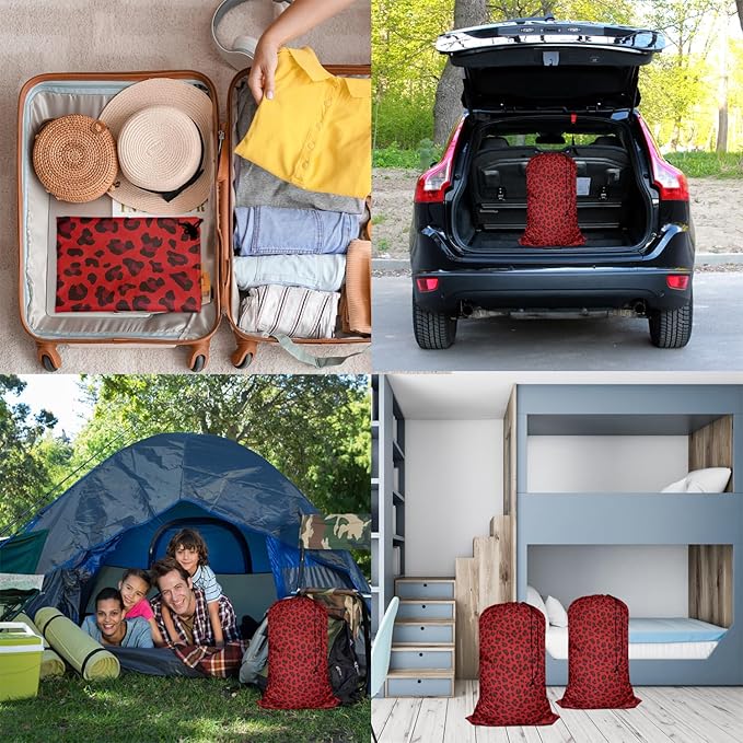 Swono Red Leopard Pattern Laundry Bag Large Heavy Duty Laundry Backpack with Adjustable Drawstring Closure Animal Print Panther Wildlife Laundry Hamper for Traveling Dirty Clothes Organizer