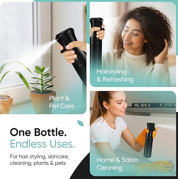 Aquableu Spray Bottle for Hair – Continuous Mist Spray Bottle for Hair Care, Styling, Cleaning, Plants, Pets & Essential Oils (Black, 10oz)