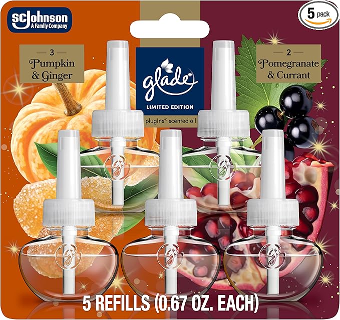 Glade PlugIns Refills Air Freshener, Pumpkin & Ginger and Pomegranate & Currant, Scented and Essential Oils for Home and Bathroom, 0.67 Fl Oz, 5 Count