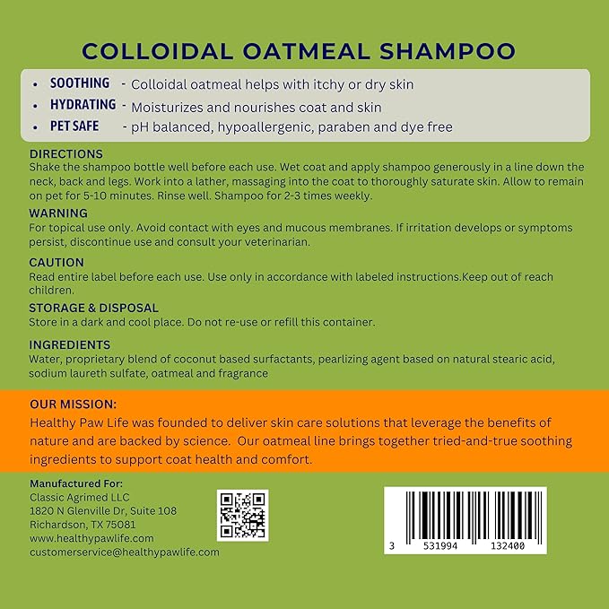 Healthy Paw Life Oatmeal Shampoo – Vet-Recommended Itch Relief for Dogs, Cats & Horses – Hypoallergenic, Moisturizing & Deodorizing – 1 Gallon – Made in USA