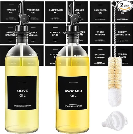 Olive Oil Dispenser Bottle - Includes 55 Kitchen Essential Labels - Cooking Oil Bottles for Kitchen, Coffee Syrup Dispenser - Pourer Spout with 16.9 fl oz Glass Container Cruet - 2pcs, Black