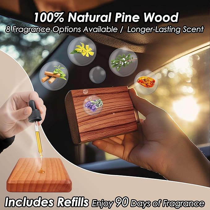 Gift Boxed Car Air Freshener – Long-Lasting Fragrance for 90+ Days – Wooden Car Diffuser – 8 Scents Available – Includes 1 Bottle of 5ML Essential Oil Refill – 0.17 FL OZ (Amber)