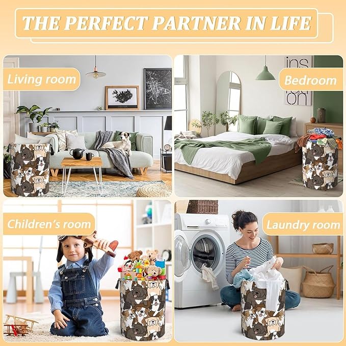Cute Dogs Laundry Hamper Bag With Waterproof Liner - Cartoon Bulldog Puppy Round Laundry Basket Foldable Clothes Storage Organizer For Bathroom Bedroom Nursery Dorm, S-16.5"X 13.8"