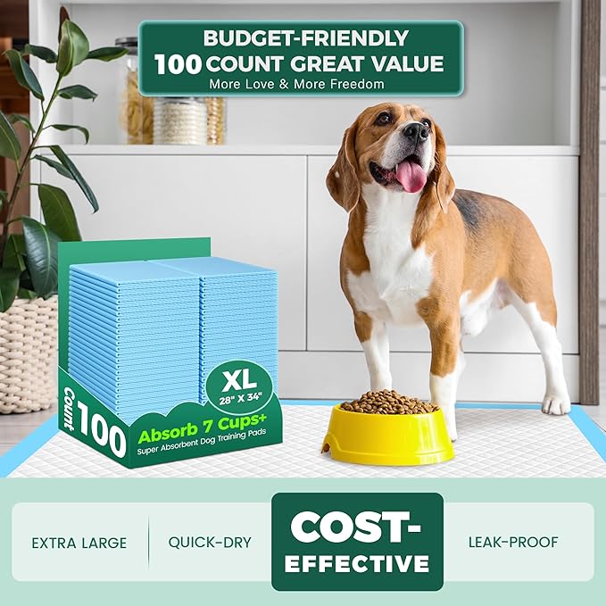 100 Count Dog Pee Pads Extra Large 28"x34", Super Absorbent X-Large 100 Pack Puppy Pads Leak-Proof & Quick-Dry Disposable XL Potty Pee Pads for Dogs, Puppies, Doggy