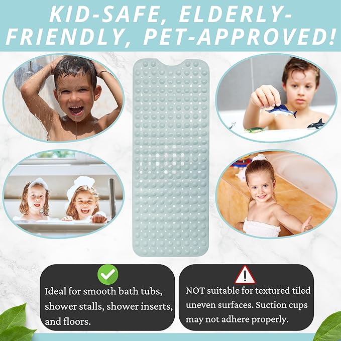 ENKOSI Bath Mat - Large Non Slip Bathtub & Shower Mat - Extra Long 40 x 16 Inch Bathroom Mats for Tub Nonslip Anti Slip Bathmats (40x16 Mint Green 1-Pack)