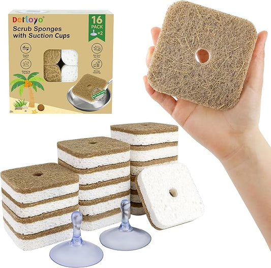 16 Pack Biodegradable Natural Kitchen Sponges, Compostable Cellulose & Coconut Square Scrubber, Dual Sided Dish Sponge for Washing Dishes, Eco Friendly