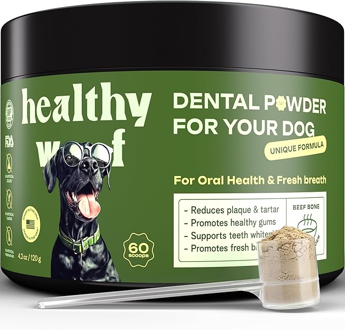Dental Powder for Dogs - Complete Oral Care Bone Broth, Dog Teeth Cleaning Powder, Tartar Remover, Fresh Breath, Sensitive Stomach Support, No Brush Dental Care, 4.2 oz, 60 Scoops