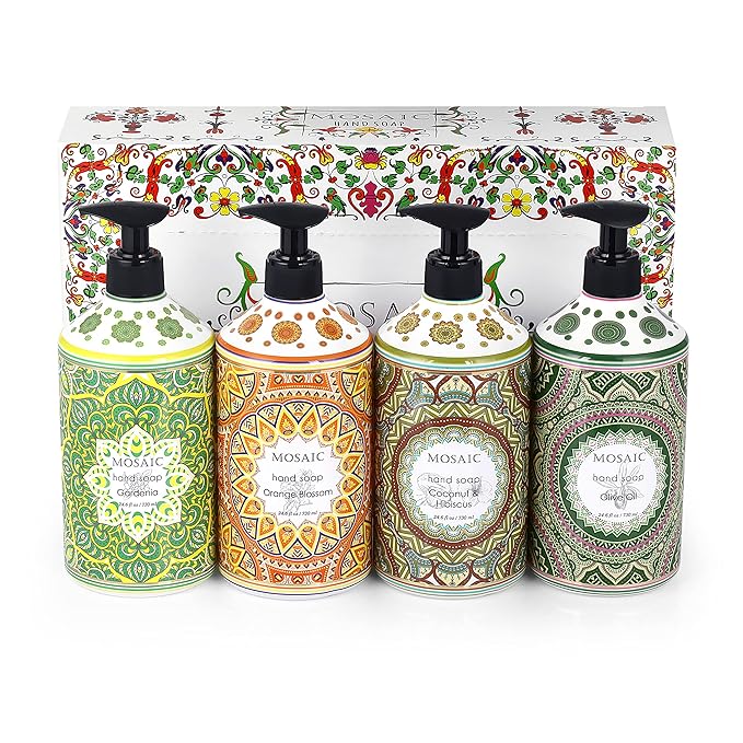 Mosaic Liquid Hand Soap / Wash Gift Set, Ideal Bathroom Kitchen Hand Soap Set , Olive Oil + Coconut & Hibiscus + Gardenia + Orange Blossom, 4 x 24.6 fl oz Each Liquid Soap Bottle