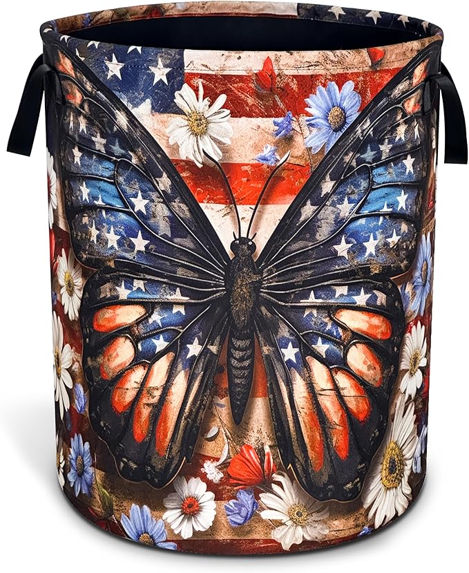 American Flag Butterfly Laundry Basket Daisy Flowers Oxford Cloth Laundry Hamper With Handle Foldable Portable Clothes Storage Basket 18.9 X 16.5 Inch Storage Bag For Laundry Room/Bathroom/Bedroom