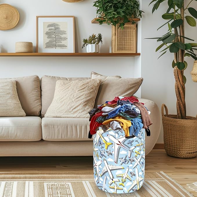 Cartoon Plane Laundry Basket Foldable Funny Laundry Hamper With Handle Oxford Cloth Portable Clothes Storage Organizer Basket 18.9"x16.5" Laundy Bag For Laundry Room/Bedroom/Bathrooms