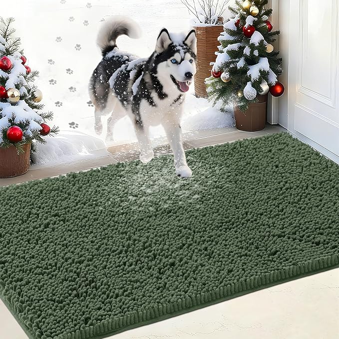 IM HOME Chenille Absorbent Outdoor Doormat 36" x 24", Washable Muddy Door Mats for Dog Non Slip Indoor Doormat Dog Mat for Muddy Paw Front Inside Doormats for Entryway Olive