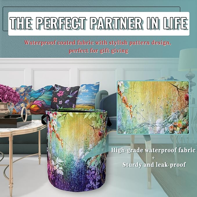 Abstract Watercolor Flowers Laundry Basket Foldable With Handles Tote Bag Oxford Cloth Colorful Laundry Hamper Clothes Storage Bucket Toy Organizer 18.9"x16.5"For Bathroom/Laundry/Bedroom