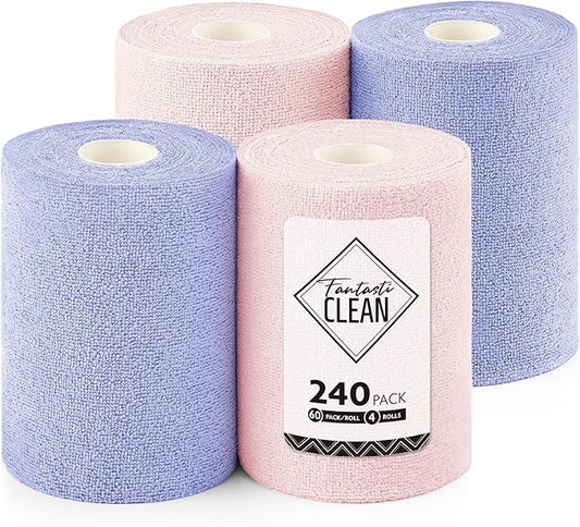 Fantasticlean Microfiber Cleaning Cloth Roll 4 Rolls 240 Pack, Tear Away Paperless Towels, 8" x 8", Reusable Washable Rags, Home Kitchen, Pet, Office, Indoor Outdoor, Portable (2Pink 2Light-Purple)