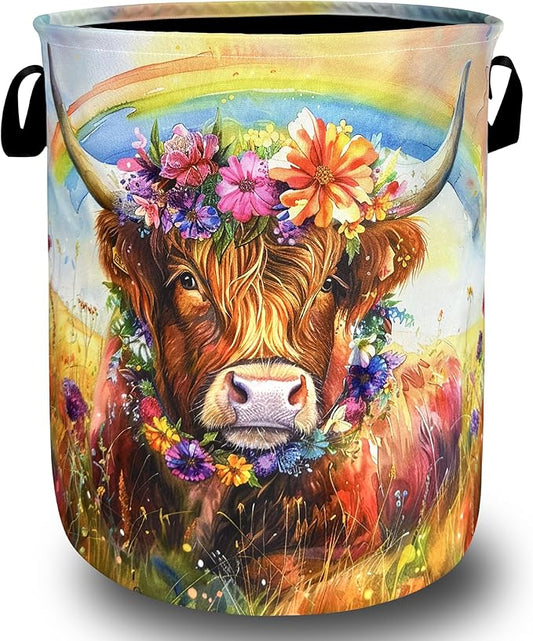 Watercolor Highland Cow Laundry Hamper Oxford Cloth Animal Flowers Laundry Basket With Handle Portable Clothes Storage Basket Foldable Laundry Bag 18.9"x16.5" For Laundry Room/Bedroom/Bathroom