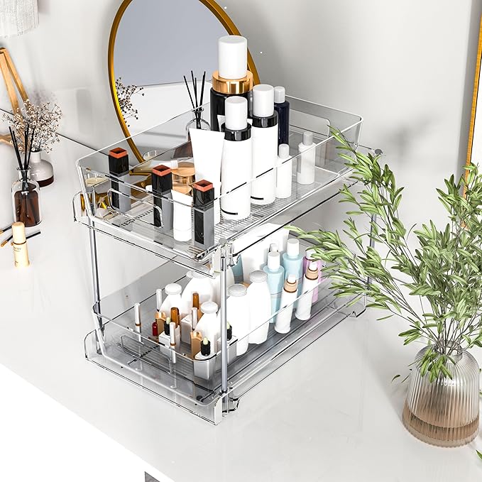 2 Tier Under Sink Organizer, 2 Pack Clear Bathroom Storage Vanity Counter Container, Cabinet Drawers Bins, Pull-Out Storage and Organization with Track for Pantry, Kitchen