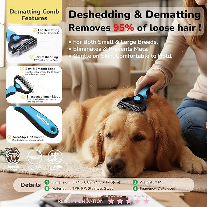 Pet Hair Removal Glove & Dematting Brush Gift Set: 6 Tools for Dogs and Cats- Pet Hair Removal Tool, Undercoat Rake, Grooming Rake, Dog Hair Keychain- for Golden Retrievers & Long Hair- for Car & Rug