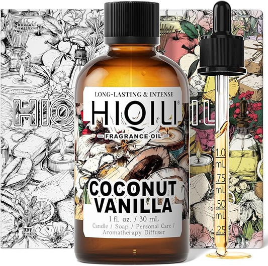 HIQILI Coconut Vanilla Fragrance Oil - for Candle Making, Soap Making, Essential Oil for Diffuser, Humidifier, Home& Hotel & Car Use - 1 Fl Oz