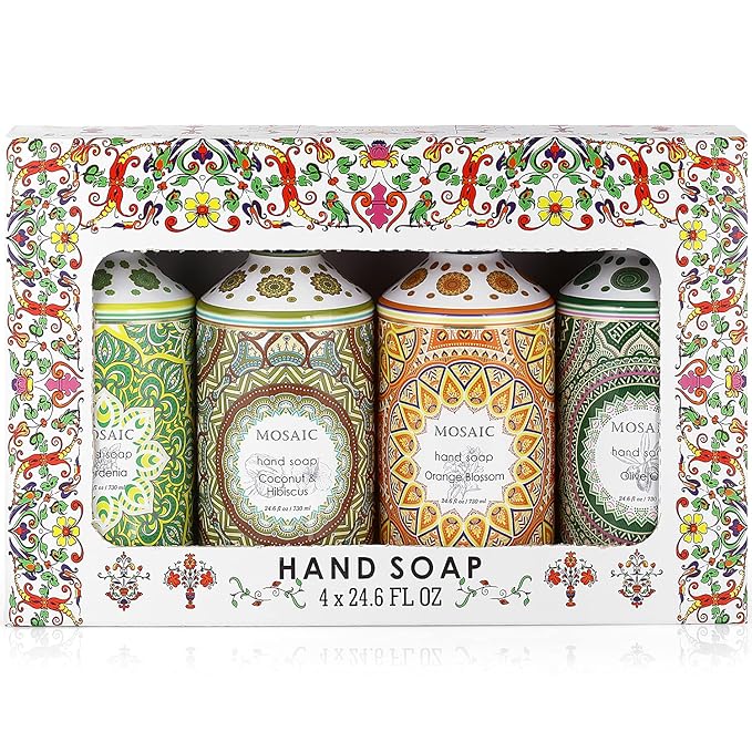 Mosaic Liquid Hand Soap / Wash Gift Set, Ideal Bathroom Kitchen Hand Soap Set , Olive Oil + Coconut & Hibiscus + Gardenia + Orange Blossom, 4 x 24.6 fl oz Each Liquid Soap Bottle