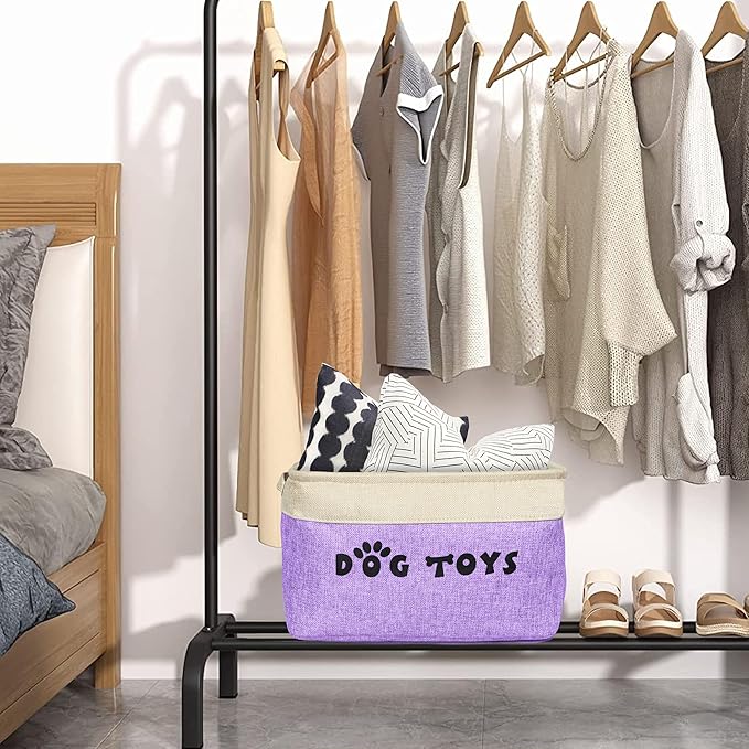 PET ARTIST Dog Toy Basket, Collapsible Dog Toy Bin Box with Comfortable Handles, Large Pet Toy Storage Basket Organizer for Accessories, Toys, Coat & Clothing, Blanket & Leash, Purple, 15"x11"x9"