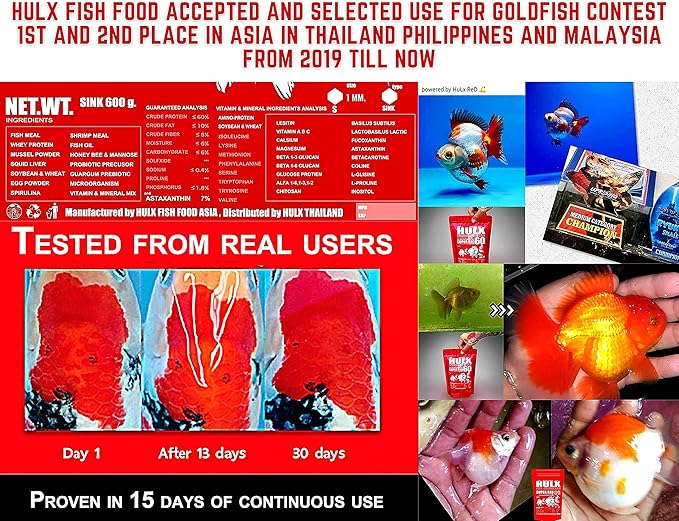 HULX Goldfish Food Sinking Pellets for Big Muscle & Mass Weight Gain, Whey Mixed High Protein 60% Fish Food Growth Fast Formula 1.32 Lb.(600 Gram.) 1mm, Healthy, Color Enhancing Clear Water Fish Feed