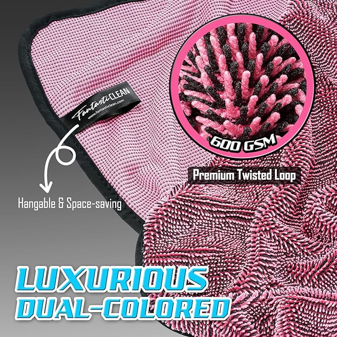 Fantasticlean Large Car Drying Towels- 2 Pack, 32‘’ by 24'' -Premium Microfiber Cleaning Cloth with Dual-Colored Twisted Loop, Ultra Absorbent, Scratch-Free for Instant Car Detailing (Pink and Blue)