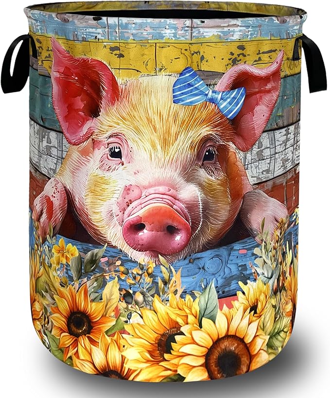 Cute Pig Laundry Basket Foldable Floral Sunflowers Animal Laundry Hamper With Handle Oxford Cloth Portable Clothes Storage Organizer Basket 18.9"x16.5" Laundry Bag For Laundry Room/Bedroom/Bathrooms