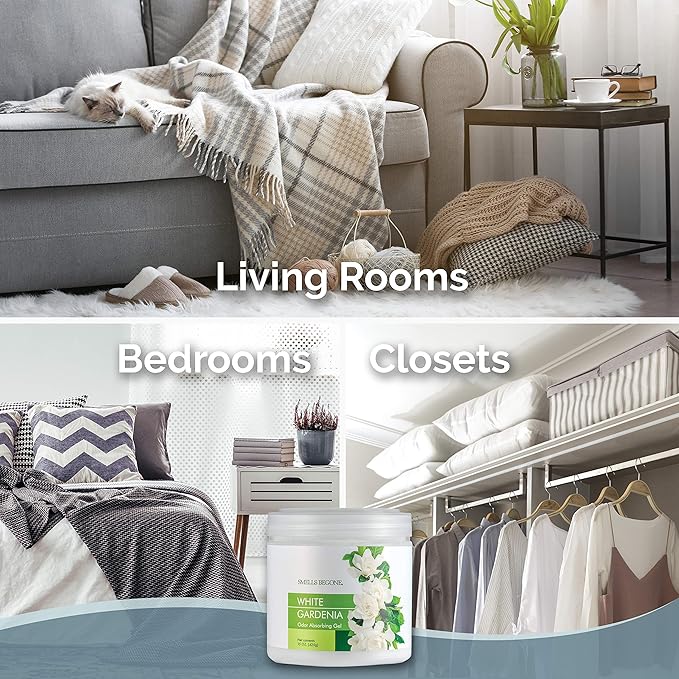 SMELLS BEGONE Air Freshener Odor Absorber Gel - 15 oz, Pack of 2 - Absorbs and Eliminates Odor in Pet Areas, Bathrooms, Cars, & Boats - Made with Essential Oils - White Gardenia Scent