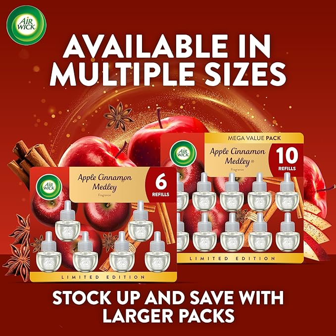 Air Wick Plug In Scented Oil Refill, Infused with Essential Oils, Plug In Air Fresheners for Home, Fall Scent, Fall Décor, Apple Cinnamon Medley, 6 ct