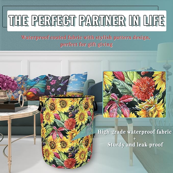 Yellow Sunflowers Laundry Basket Foldable With Handles Tote Bag Oxford Cloth Colorful Floral Laundry Hamper Clothes Storage Bucket Toy Organizer 18.9" x 16.5" For Bathroom/Laundry/Bedroom