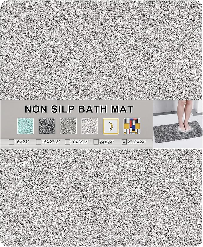 Nonslip Bathtub Mat, Anti Slip Bath Mat 0.6" Extra Thick, Quick Dry Bath Tub Anti Slip Shower Mat, Loofah Non-Slip Bath Mat for Tub Bathroom Pool Kitchen Entryway Home Hotel(Light Gray 24x27)
