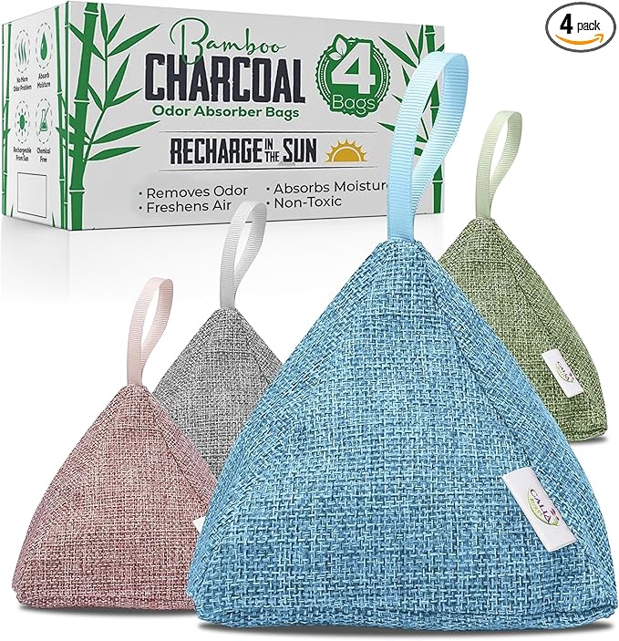 4 Pack Bamboo Charcoal Air Purifier Bags 200 Grams Each - Odor Absorber & Eliminator for Home, Car, Pets, Activated Charcoal Natural Freshener, Eco-Friendly & Reusable Designer Colors)