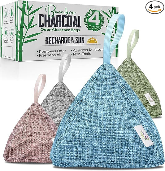 4 Pack Bamboo Charcoal Air Purifier Bags 200 Grams Each - Odor Absorber & Eliminator for Home, Car, Pets, Activated Charcoal Natural Freshener, Eco-Friendly & Reusable Designer Colors)