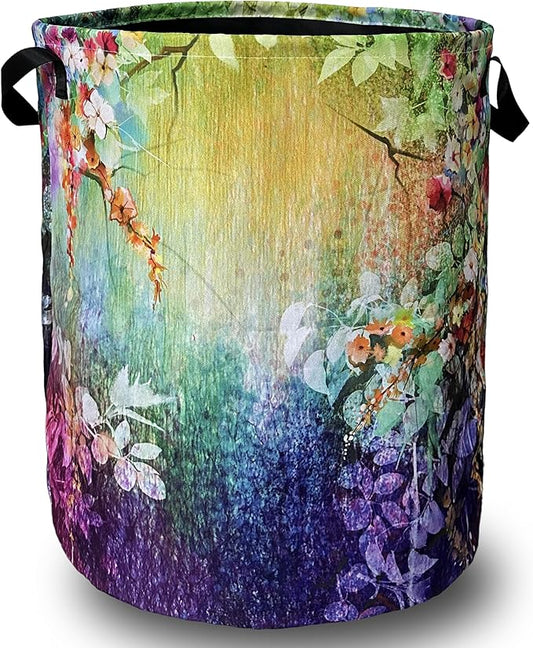 Abstract Watercolor Flowers Laundry Basket Foldable With Handles Tote Bag Oxford Cloth Colorful Laundry Hamper Clothes Storage Bucket Toy Organizer 18.9"x16.5"For Bathroom/Laundry/Bedroom