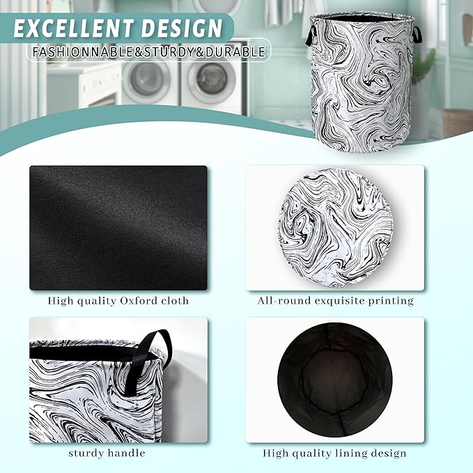 Black and White Marble Texture Laundry Basket Foldable With Handles Tote Bag Oxford Cloth Funny Laundry Hamper Clothes Storage Bucket Toy Organizer 18.9"x16.5"For Bathroom/Laundry/Bedroom