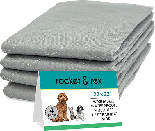 rocket & rex Premium Washable Pee Pads for Dogs, Waterproof & Reusable Puppy Pads for Potty Training, Whelping, Lining Crates & More, Guaranteed for up to 300 Washes, 22" x 22" (Pack of 4)