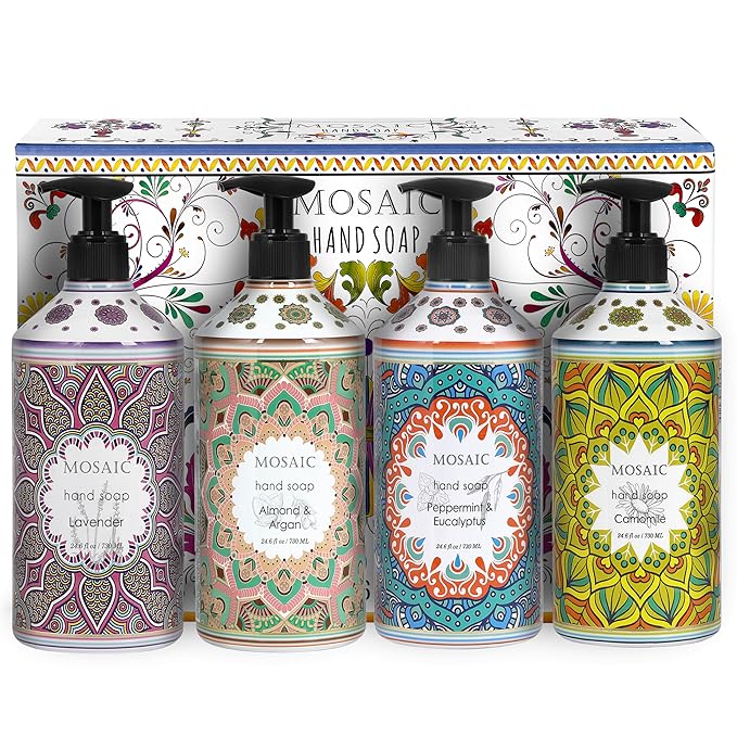 AnatoliaDaphne Mosaic Liquid Hand Soap/Wash Gift Set, Ideal Bathroom Kitchen Hand Soap Set,Lavender + Almond & Argan + Peppermint & Eucalyptus + Camomile, 4 x 24.6 fl oz Each Liquid Soap Bottle