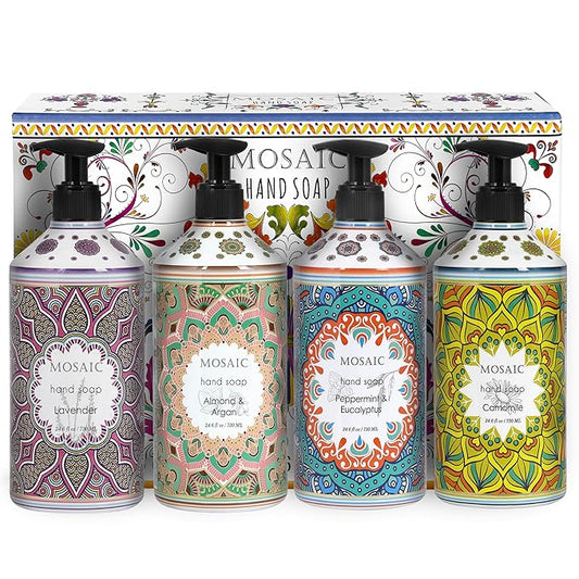 AnatoliaDaphne Mosaic Liquid Hand Soap/Wash Gift Set, Ideal Bathroom Kitchen Hand Soap Set,Lavender + Almond & Argan + Peppermint & Eucalyptus + Camomile, 4 x 24.6 fl oz Each Liquid Soap Bottle