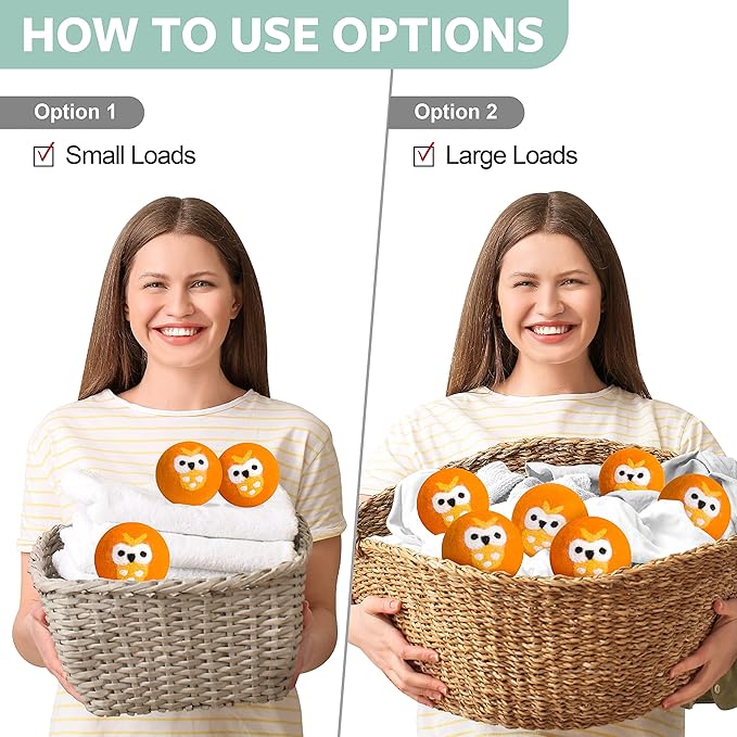 Calindiana 100% Organic Premium New Zealand Wool Dryer Balls Laundry Reusable Fabric Softener, Cute Dryer Sheets Alternative, Anti Static XL Size 6 Pack, Orange Owl