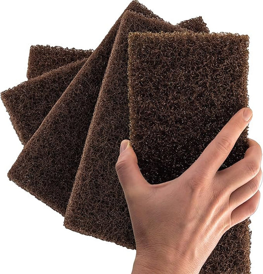 Heavy Duty XL Brown Scouring Pad 5 Pack. 10 x 4.5in Large Multipurpose Nylon Scrubbing Sponges. Clean Bathrooms, Kitchens, Counters and Floors to Erase Grime and Make Surfaces Sparkle