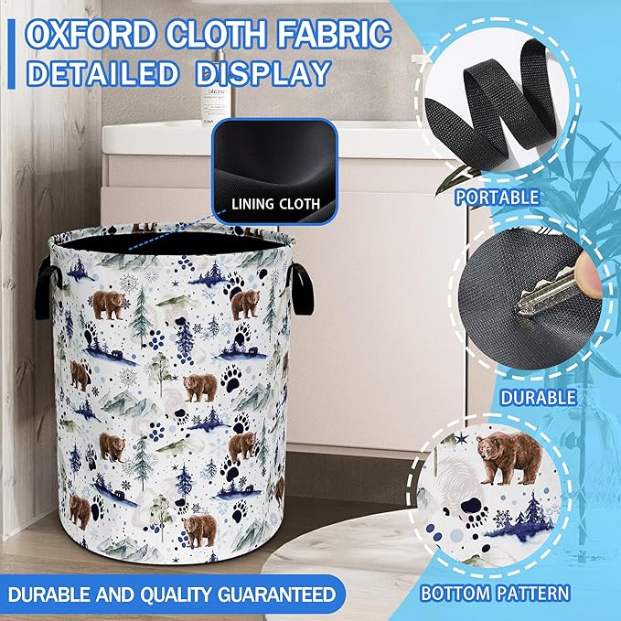 Bear Laundry Basket Oxford Cloth Bear Paw Forest Animal Laundry Hamper With Handle Foldable Portable Clothes Storage Basket 18.9 X 16.5 Inch Storage Bag For Laundry Room/Bathroom/Bedroom/Dormitories