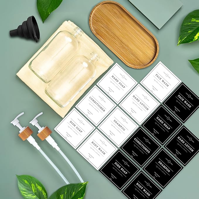 Vine Creations Glass Soap Dispenser Set - Kitchen Soap Dispenser Set with Tray - Bamboo Dish Soap and Hand Soap Dispensers Set for Bathroom - White Kitchen Decor with Waterproof Labels (Clear)