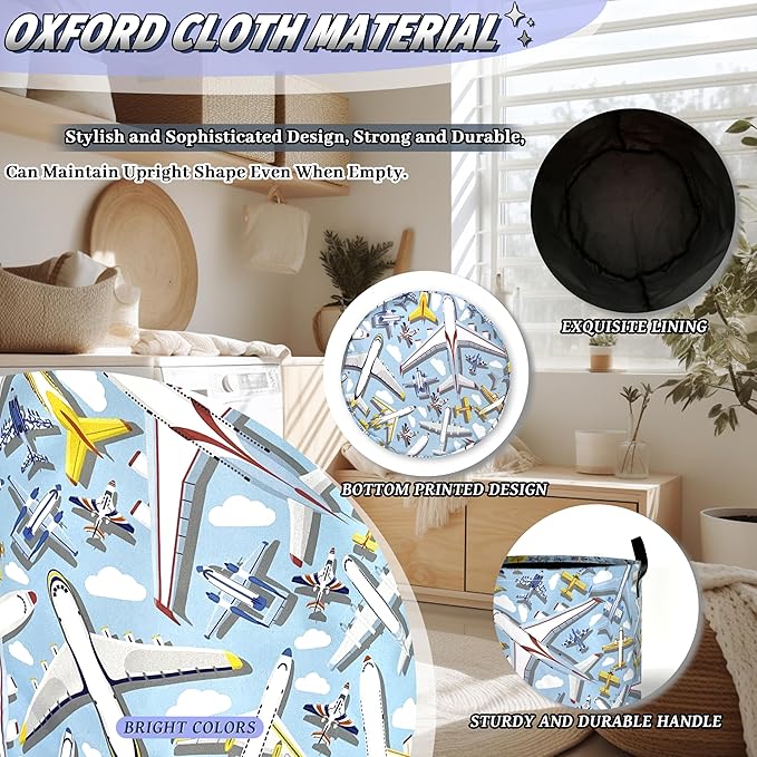 Cartoon Plane Laundry Basket Foldable Funny Laundry Hamper With Handle Oxford Cloth Portable Clothes Storage Organizer Basket 18.9"x16.5" Laundy Bag For Laundry Room/Bedroom/Bathrooms