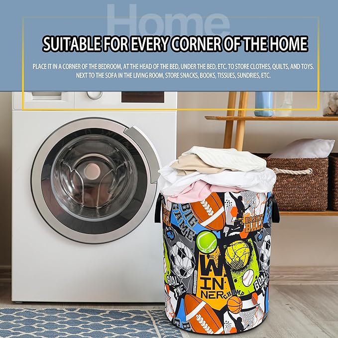 Ball Game Laundry Basket Sports Foldable Waterproof Oxford Cloth Funny Tote Bag Laundry Hamper Clothes Storage Bucket Toy Organizer For Bathroom/Laundry Storage/Bedroom 18.9x16.5 Inch