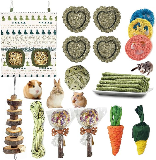 20PCS Bunny Chew Toys for Rabbits Teeth & a Rabbit Hay Feeder Bag, Natural Rabbit Toys & Guinea Pig Boredom Enrichment, Suitable for Bunny Hamster Guinea Pig Ferret Kitten