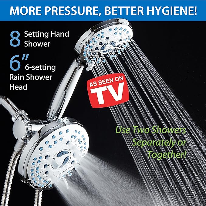 Hotel Spa AquaCare for California As-Seen-On-TV High Pressure Handheld Rain 50-Mode 3-Way Shower Head Combo, Anti-clog Jets, 2-Mode Tub & Pet Power Wash, Wall Bracket, 6 ft. Hose
