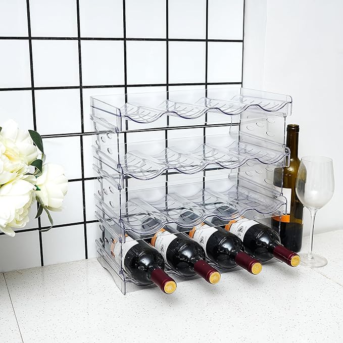 IEEK Plastic Stackable Bottle Storage Holder Rack Holds 16 Bottles,Free-Standing Water Bottle/Wine and Drink Organizer Shelf for Kitchen Cabinet,Fridge,Countertop,Pantry,Freezer,4 PackX4 Bottles,Clear