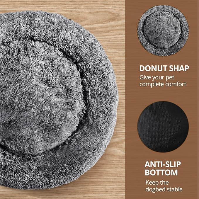 JOLLYVOGUE Small Dog & Cat Beds for Indoor Cats, Donut Cuddler Warming Soft Dog Beds with Anti-Slip Bottom, Round Calming Fluffy Plush Faux Fur Cushion Bed for Small Dogs (20", Smoke Black)