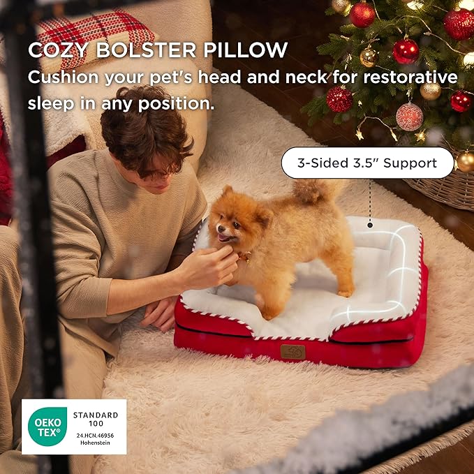 Bedsure Orthopedic Dog Beds for Small Dogs - Washable Small Dog Cat Bed Waterproof, Comfort Pet Couch Sofa with Washable Removable Cover, Pets Bed with Nonskid Bottom, Red, 24"