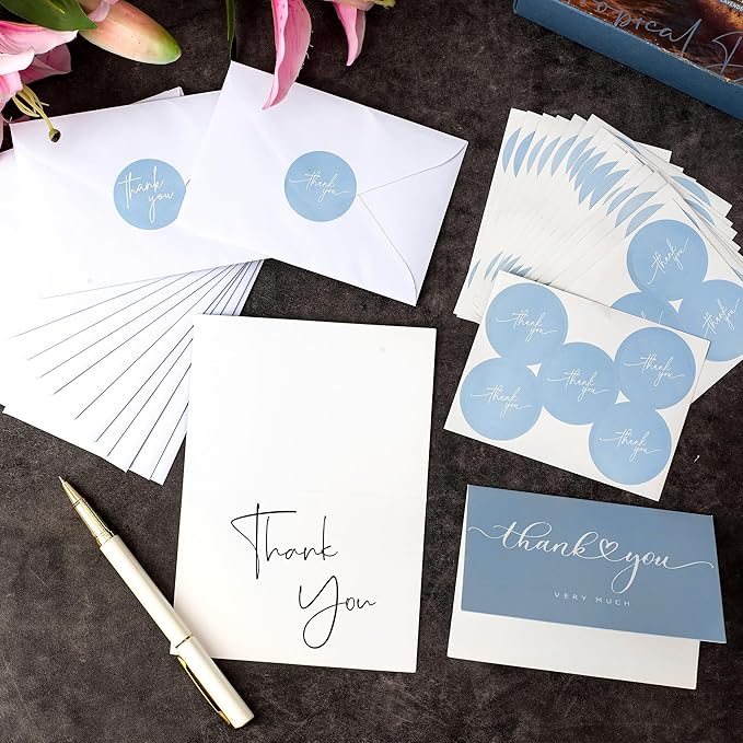 100 Bulk Light blue Thank You Cards with white Envelopes and stickers - 4 Minimalistic Designs Blank Thank You Notes with Envelopes for business Wedding Bridal Gift Baby Shower Business Graduation