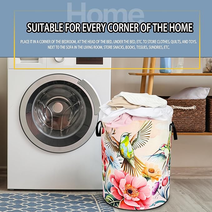 Hummingbird Laundry Basket Beautiful Bird Flower Foldable Oxford Cloth Funny Tote Bag Laundry Hamper Clothes Storage Bucket Toy Organizer For Bathroom/Laundry Storage/Bedroom 18.9x16.5 Inch